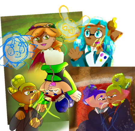 A mashup of various art pieces and doodles, depicting different art styles including line art-ed drawings and splatoon style lineless art